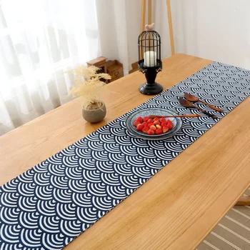 Japoński styl bawełna niebieski biały geometryczny lniany stół biegacz zen sztuka łóżko biegacz obrus vintage obrus mata