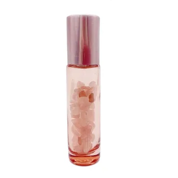 10 szt. różowy kwarc Rolkowa butelka 5 ml 10 ml różowe szkło olejek butelka wielokrotnego podróży butelki naturalny kamień różowy kryształ