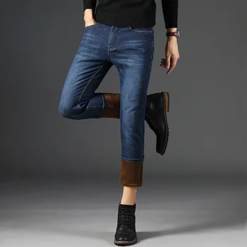 TANGYAXUAN 2019 nowe męskie ciepłe dżinsy wysokiej jakości znanej marki Jesień Zima dżinsy gęstnieją polary męskie jeansy długie spodnie 28-40