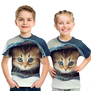 Toddler Kids Girls Cat Party Tops Summer Short Sleeve T-shirts For Boys Girl Casual Clothes TShirt 3 4 5 6 7 8 Year Baby Clothes