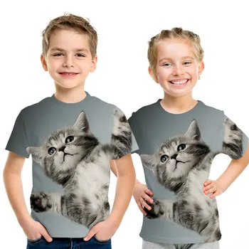 Toddler Kids Girls Cat Party Tops Summer Short Sleeve T-shirts For Boys Girl Casual Clothes TShirt 3 4 5 6 7 8 Year Baby Clothes