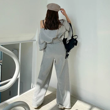 GALCAUR Sznurek zestaw z dwóch części dla kobiet z otwartymi ramionami asymetryczny rękaw klosz koreańskich kobiet zestawy 2020 jesienna moda nowość