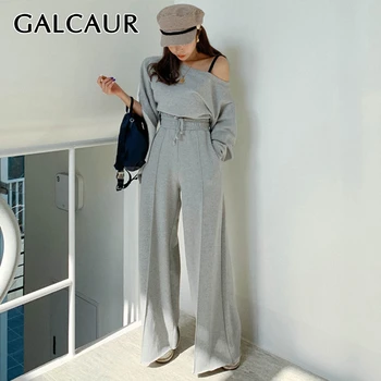 GALCAUR Sznurek zestaw z dwóch części dla kobiet z otwartymi ramionami asymetryczny rękaw klosz koreańskich kobiet zestawy 2020 jesienna moda nowość