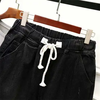 Czarne dżinsy kobiety z wysokim stanem jeansowe spodnie zasznurować plus rozmiar 5XL mama dżinsy na co dzień meble odzież chłopak dżinsy Femme Q1337