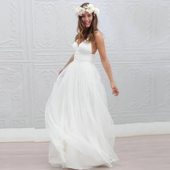 Thinyfull Vestido De Noiva Proste Plażowy Suknia Ślubna 2019 A-Line V-Neck Spaghetti Pasy Sexy Boho Backless White Bride Dress
