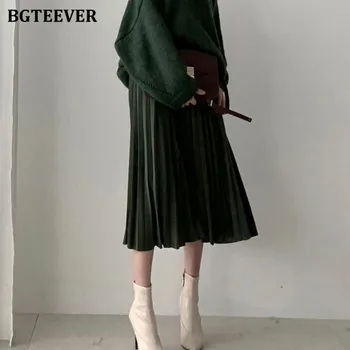 BGTEEVER Vintage Chic jesień zima kobiety plisowane spódnice 2020 elegancki, elastyczny Wysoka Talia damskie spódnice A-line
