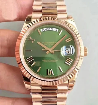 Różowe złoto szafirowe szkło twarde zapięcie zegarek męski DayDate Green Face President automatyczny zegarek ze stali nierdzewnej