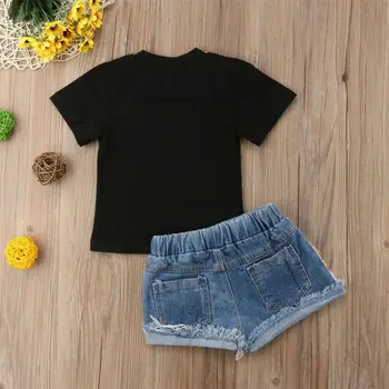 Moda 2szt dziecko dzieci dziewczynka z krótkim rękawem t-shirt topy + jeansowe spodenki spodnie strój casual zestaw