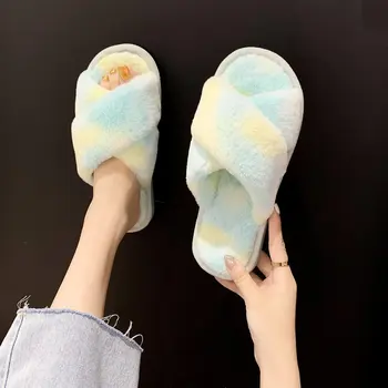 2020 puszyste domowe kapcie damskie pantofle ze sztucznego futra przytulne puszyste slajdy z otwartym palcem poślizgu na miękkich kapciach domowy podłoga pluszowe ciepłe buty