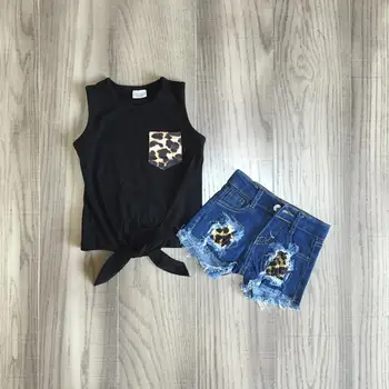Baby girls vest set girls black waiscoat with leopard jeans shorts baby kids boutique outfits