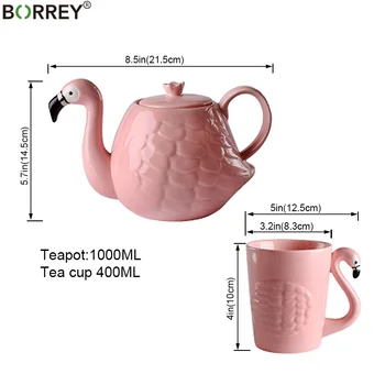 BORREY Creative Ceramic Teapot Set Flamingo Teacup Set Cute Animal Coffee Cup Pink Porcelain Teapot Birthday Gift Decoration
