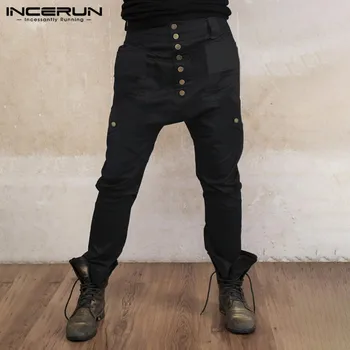 Męskie temat uliczne spodnie INCERUN Męskie spodnie Solid Drop Crotch spodnie vintage kieszonkowe guziki spodnie Cargo Jogger ' S-5XL 7