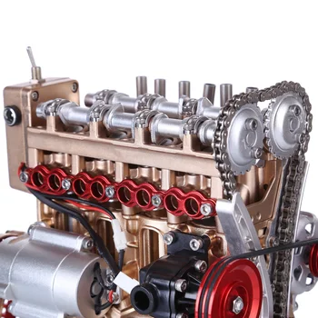 Nowy Teching Custom Mini Inline Four Cylinder Car Engine High Level Metal DIY Assembly Model Toy Gift - Luxury Gold + Red