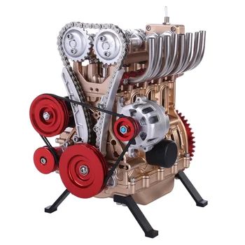 Nowy Teching Custom Mini Inline Four Cylinder Car Engine High Level Metal DIY Assembly Model Toy Gift - Luxury Gold + Red