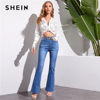 SHEIN Blue Bleached Wash Flare Leg Jeans Without Belt Women Mid Waist Zipper Fly Long Denim Pants Ladies Vintage Jeans