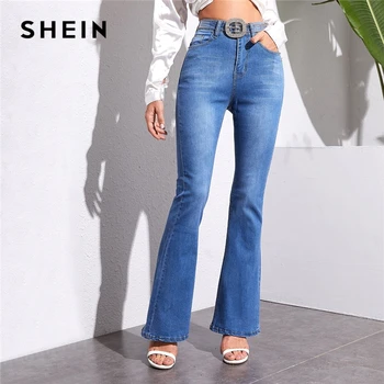 SHEIN Blue Bleached Wash Flare Leg Jeans Without Belt Women Mid Waist Zipper Fly Long Denim Pants Ladies Vintage Jeans
