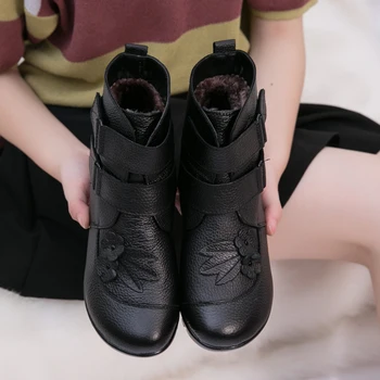 CEYANEAO zimowe damskie botki ze skóry naturalnej damskie 2020 czarne płaskie kwiatowy wodoodporne ciepłe krótkie buty zimowe ze skóry wołowej damskie