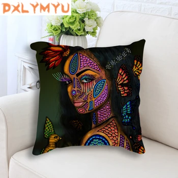 Moda afrykańska dziewczyna Lady olej malarstwo Home Art Print poszewka Dekoracyjna poduszka na kanapie, bawełniana, lniana poduszka 45x45cm