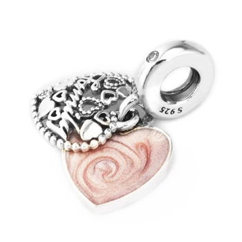Nadaje się do Pandora Charms bransoletki 925 srebro-biżuteria miłość sprawia, że rodziny koraliki z różową emalią
