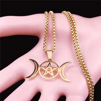 Czary pentagram Słońce Księżyc naszyjnik ze stali nierdzewnej zawieszenia kobiety/mężczyźni kolor złoty łańcuch naszyjnik biżuteria bijoux femme N4442