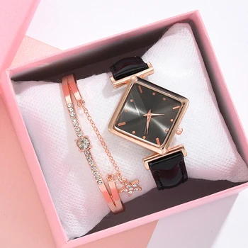 2 szt. kpl luksusowe zegarki dla kobiet kwarcowe zegarki damskie sukienka skórzane zegarki damskie bransoletka czarny zegarek prezent Relogios Feminino