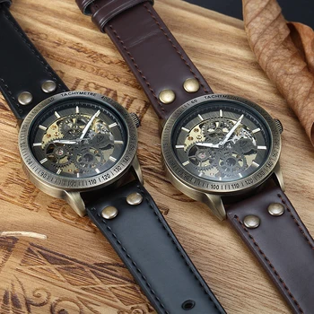 Nowy brązowy pasek retro steampunk zegarek mechaniczny zegarek Lokomotywa biegów dosłowne automatyczny męski zegarek Relogio Masculino
