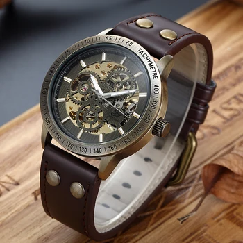 Nowy brązowy pasek retro steampunk zegarek mechaniczny zegarek Lokomotywa biegów dosłowne automatyczny męski zegarek Relogio Masculino