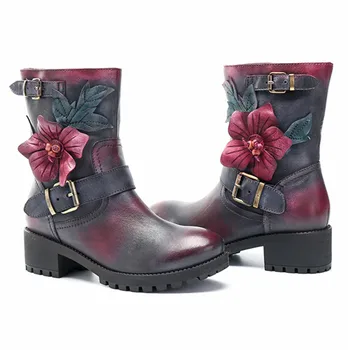 SOCOFY Damskie buty handmade kwiat klamra wystrój połowy łydki buty skórzane dżinsy buty casual street buty botas de mujer 2020