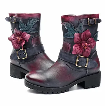 SOCOFY Damskie buty handmade kwiat klamra wystrój połowy łydki buty skórzane dżinsy buty casual street buty botas de mujer 2020