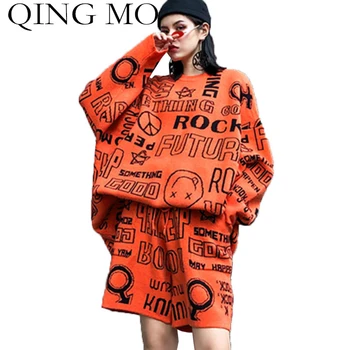 Qing MO pomarańczowy czarny kobiecy zestaw z dwóch części 2020 jesień zima rozmiar plus List drukowania dziany sweterek + spodenki z dzianiny zestaw LHXX279