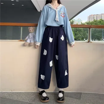 Japoński Kawaii Soft Girl Cute Bear Printing Spodnie Damskie Podstawa Dzika Wysoka Talia Temat Spodnie Elastyczny Pas Codzienne Studenckie Spodnie