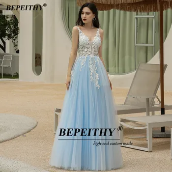 BEPEITHY sky-niebieskie długie suknie wieczorowe Woman Party Night White Lace-A-Line Sexy V Neck Prom Gown Abendkleider 2020