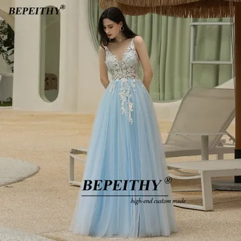 BEPEITHY sky-niebieskie długie suknie wieczorowe Woman Party Night White Lace-A-Line Sexy V Neck Prom Gown Abendkleider 2020