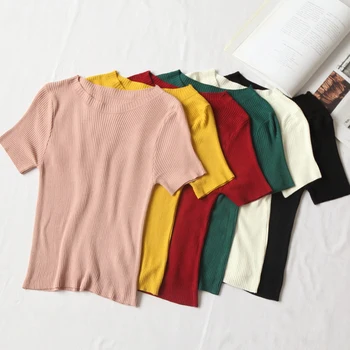 2020 Nowa Jesienna Moda Dzianiny T-Shirt Topy Dla Kobiet, Na Co Dzień O-Neck Z Długim Rękawem W Jednolitym Kolorze Koszulki Damskie, Koszulki Elastyczny Sweter Top