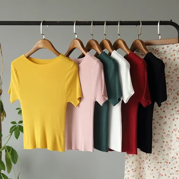 2020 Nowa Jesienna Moda Dzianiny T-Shirt Topy Dla Kobiet, Na Co Dzień O-Neck Z Długim Rękawem W Jednolitym Kolorze Koszulki Damskie, Koszulki Elastyczny Sweter Top