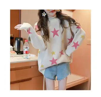 H. SA koreańska moda damska pełny rękaw casual sweter i sweter w kolorowe gwiazdki wyciągnąć swetry oversize zimowe grube swetry