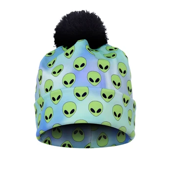 FCCEXIO 2019 New Autumn and Winter Women 3D Printed Alien Green Warm Pompon Hat Beanies Unique Colorful Nice Knitted Hat