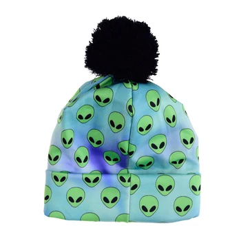 FCCEXIO 2019 New Autumn and Winter Women 3D Printed Alien Green Warm Pompon Hat Beanies Unique Colorful Nice Knitted Hat