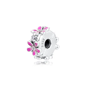 Różowy kwiat stokrotki klip oryginalny Urok 925 srebro biżuteria pasuje wąż Chian bransoletki dla kobiet DIY koraliki do tworzenia biżuterii