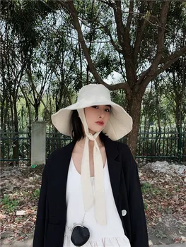 [EAM] 2021 New Spring Summer Round Dome banding Bow Big Foldable Temperament Fishers Hat Women Fashion Tide All-match JS719