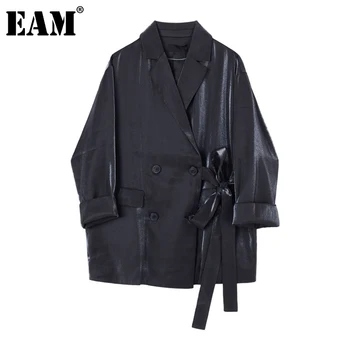 [EAM] kobiety czarny bandaż Split duży rozmiar marynarka nowy płaszcz z długim rękawem luźny krój kurtka moda przypływ wiosna jesień 2021 1Z777