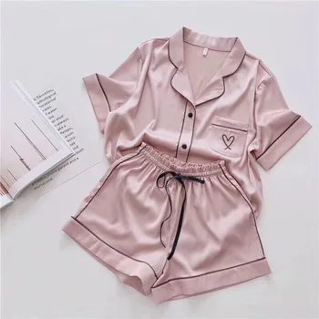 Jedwabna piżama dla kobiet domowy strój serce haftowane zestaw piżama satynowa piżama piżamy piżama 2020