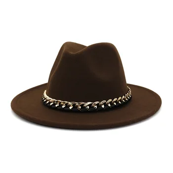 Wysokiej jakości mody dla kobiet dla mężczyzn z szerokim rondem фетровая kapelusz z metalowym łańcuchem wystrój Panama Федоры Шапо sombrero 58 cm