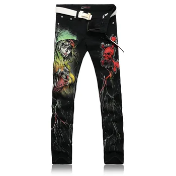 Nowe 2020 Męskie spodnie z nadrukiem w stylu punk gothic malowane bawełna proste nogi fajne jeansy dla młodych