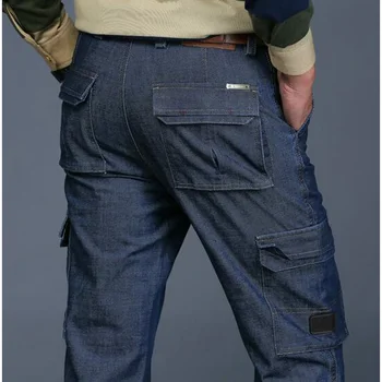 Nowe wysokiej jakości jesienne i zimowe męskie jeans męskie spodnie proste bawełniane męskie denim markowe dżinsy więcej kieszonkowych kombinezonów