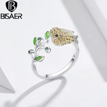 BISAER kolor srebrny oświadczenie pierścionek zaręczynowy Pierścień Kanarek zieleń ptak pierścień dla kobiet ślub obrączki biżuteria GCR002
