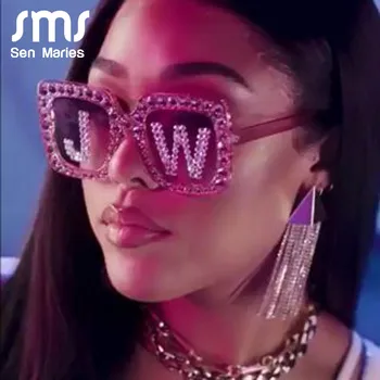 Modne kwadratowe diamentowe okulary Kobiety 2019 luksusowej marki zegarków trend przesadny różowy czarny J&W ponadgabarytowych damskie okulary UV400 Oculos