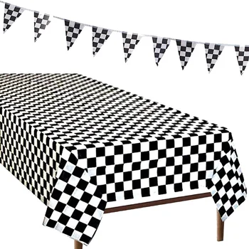Czarno biała kratkę obrus pokrywa stołu flaga wyścigowy samochód sportowy motyw urodziny dla dzieci prysznic podłoga odkryć ozdoby rzecz