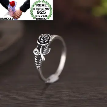 OMHXZJ Hurtownia europejska moda kobieta dziewczyna partia prezent ślubny srebrny Czarna róża kwiat S925 srebro pierścień RR342