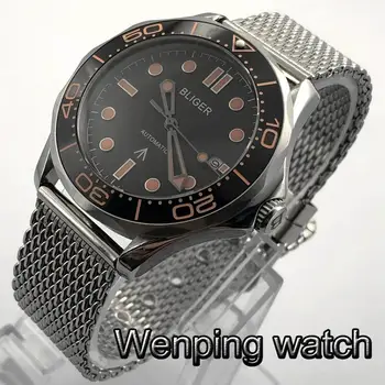 Bliger 41mm męskie casual luksusowe automatyczne zegarki srebrna obudowa szkło szafirowe ceramiczny pierścień czarny chronograf mechanizm NH35 zegarki męskie